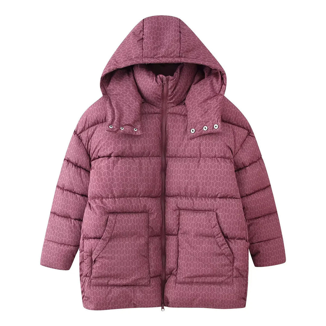 Dam non-quiltad hooded jacka med graphic quiltad mönster, two-way dragkedja och oversized fickor