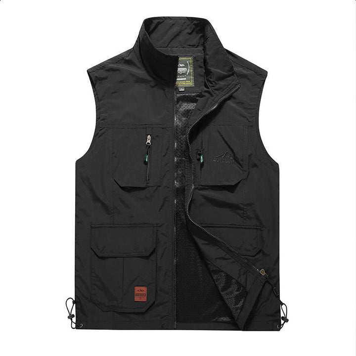 Herr Multifunctional Utomhus Väst med Mesh Foder, Dragkedjefickor och Justerbar Fåll