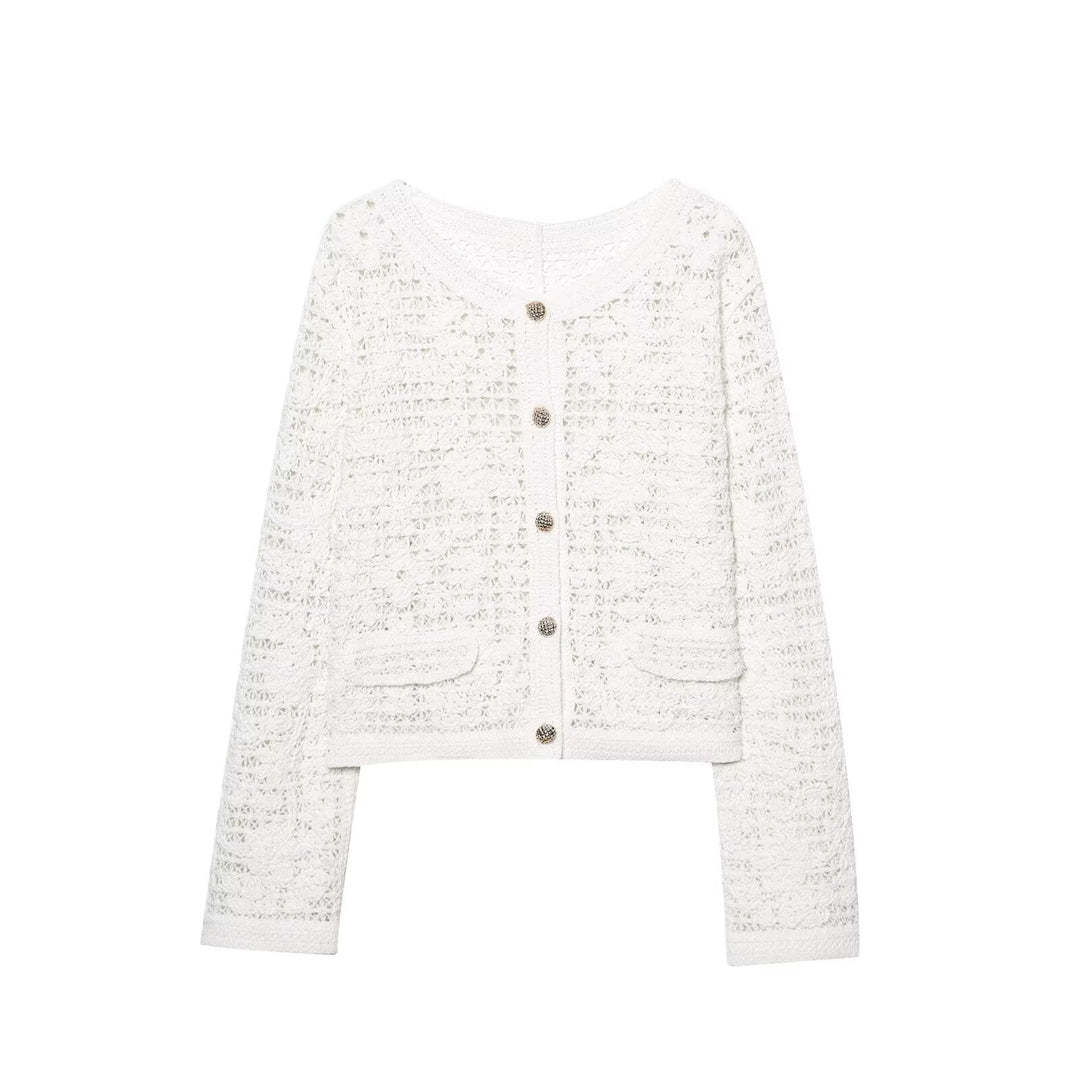 Dam Crocheted Kort Jacka i Boucle Look med Decorative Knappar och Utanpåfickor
