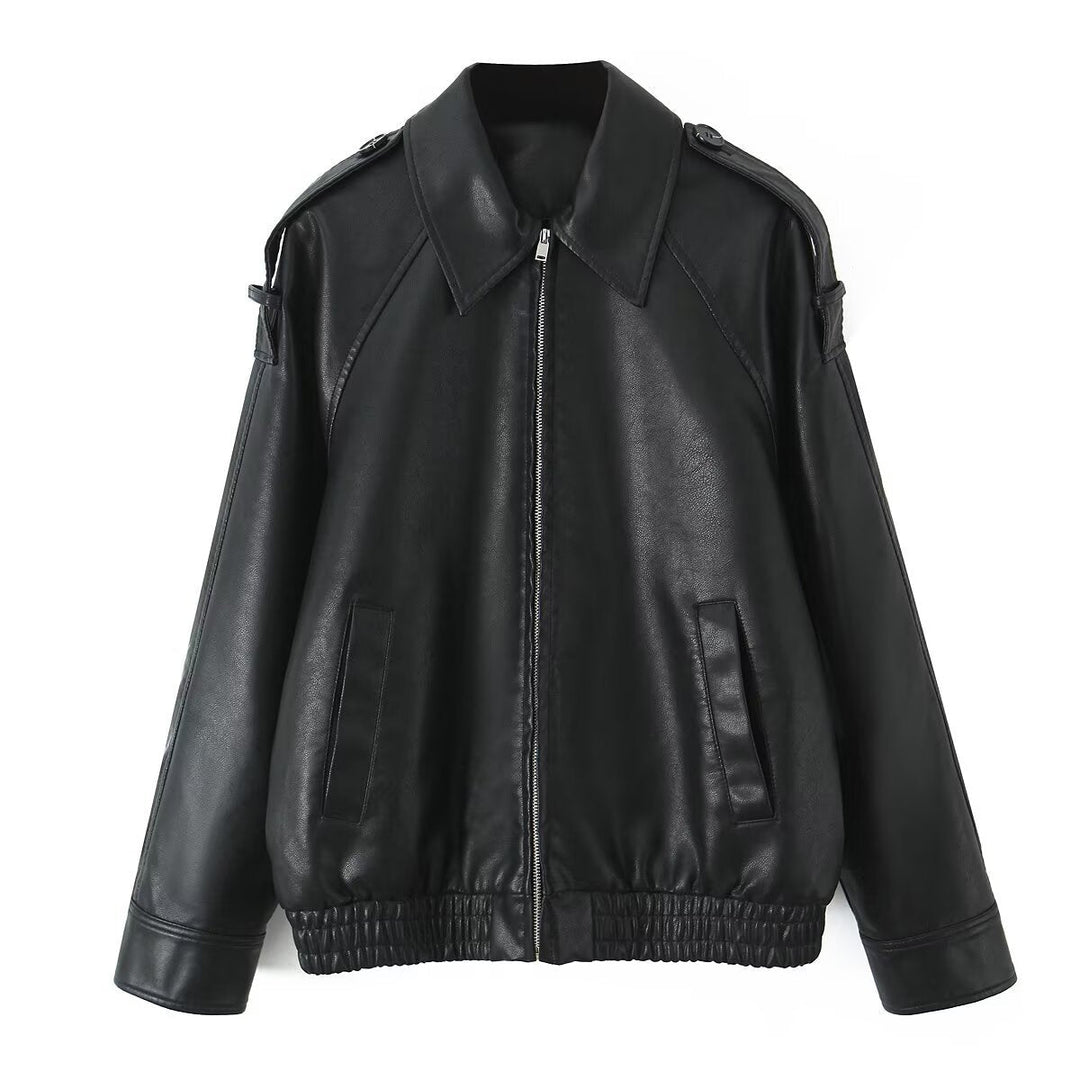 Dam Oversized Konstläder Flight Jacka med Bonded Krage, Axel Epaulettes, och Elastic Fåll