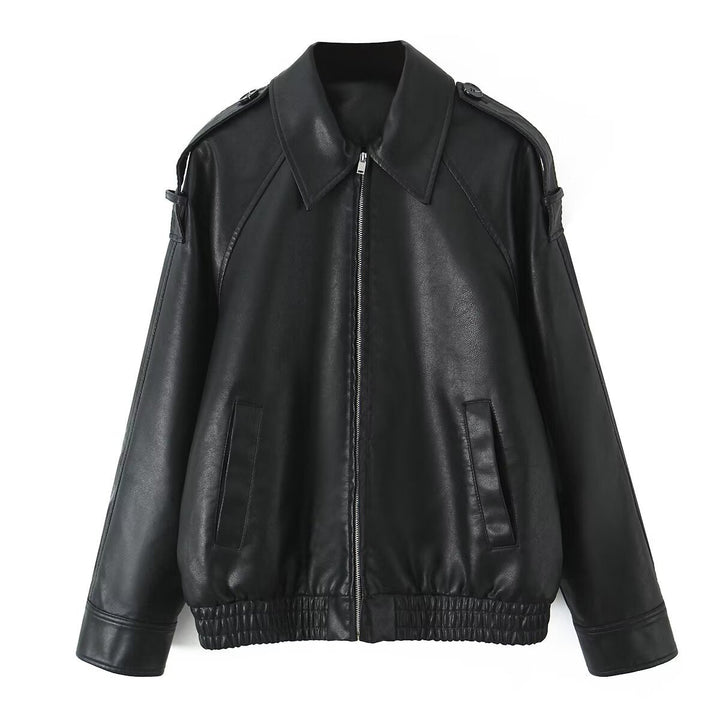 Dam Oversized Konstläder Flight Jacka med Bonded Krage, Axel Epaulettes, och Elastic Fåll