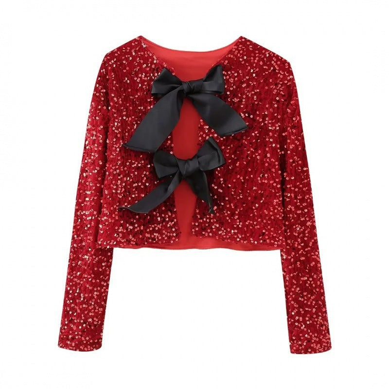 Dam Sequin Bolero jacka med dekorativ Satin Bows