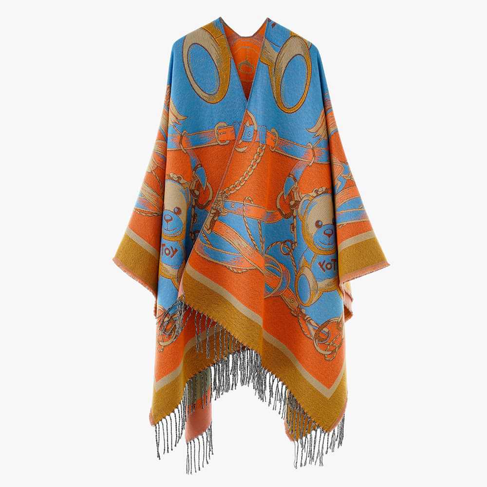 Dam Jacquard-capeponcho med Teddy Motif, oversized silhuett och fransfåll