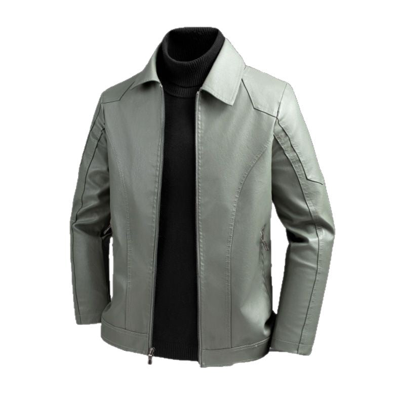 Herr Elegant Slim-Fit Läder Look Blouson Jacka med Skjorta Krage, Vertical Decorative Sömmar, och Dold Dragkedja