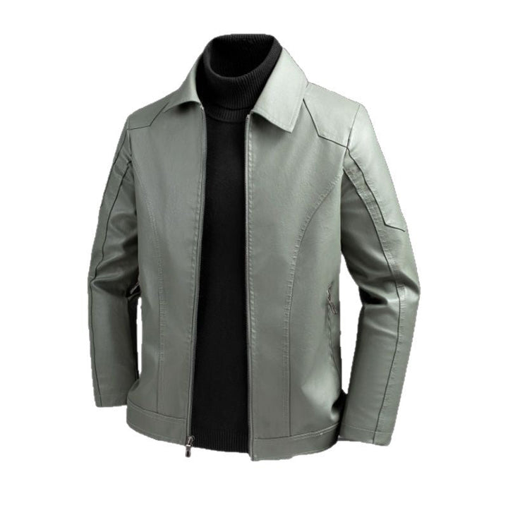 Herr Elegant Slim-Fit Läder Look Blouson Jacka med Skjorta Krage, Vertical Decorative Sömmar, och Dold Dragkedja