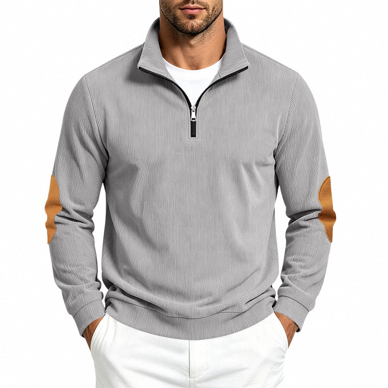 Herr Light Strukturerad Halv Dragkedja Pullover med Cord Elbow Lappar och Ståkrage