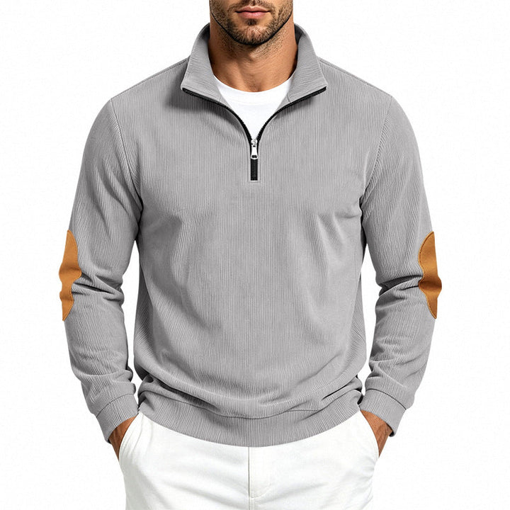 Herr Light Strukturerad Halv Dragkedja Pullover med Cord Elbow Lappar och Ståkrage