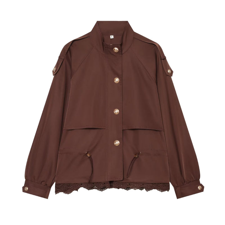 Dam lätt field jacka med dragsko, ståkrage, epaulettes, och lace trim