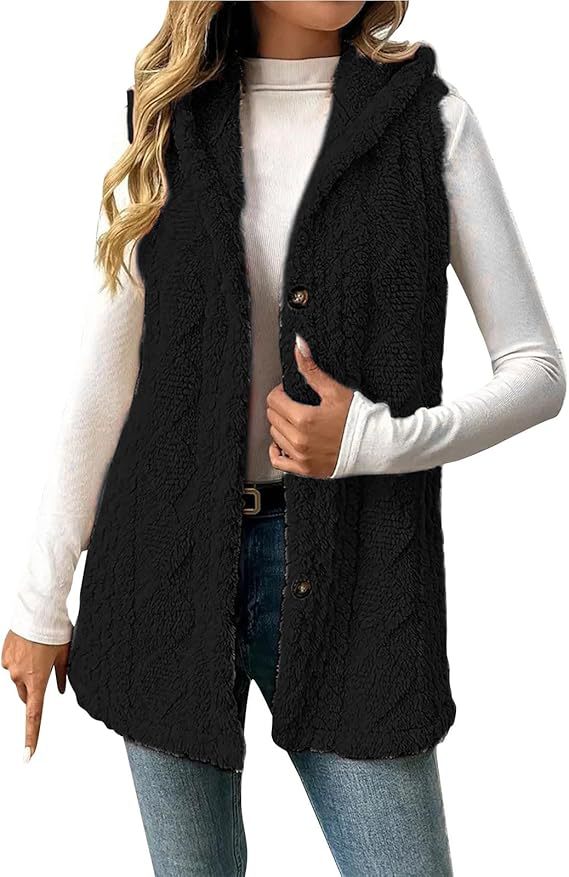 Dam fleece Lined teddy väst med huva och knapp stängning