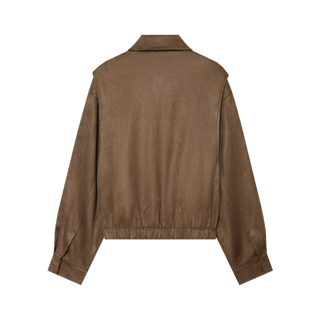 Dam Kort Boxig Blouson i Suede Look med Lock Fickor