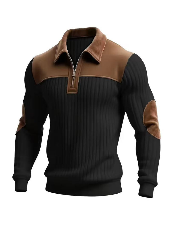 Herr Ribbad Halv Dragkedja Pullover med Contrasting Läder Appliqués On Shoulders och Elbows
