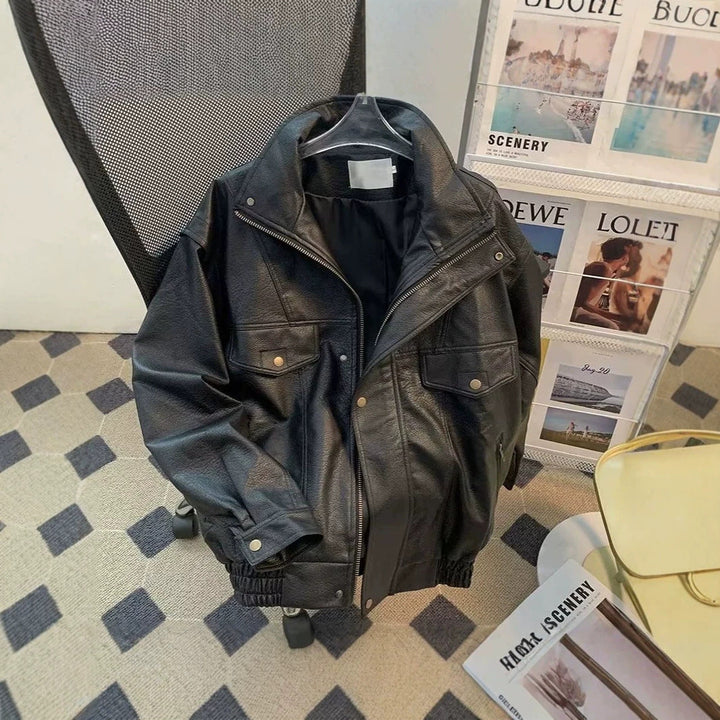 Dam Fashion konstläder jacka med hög krage