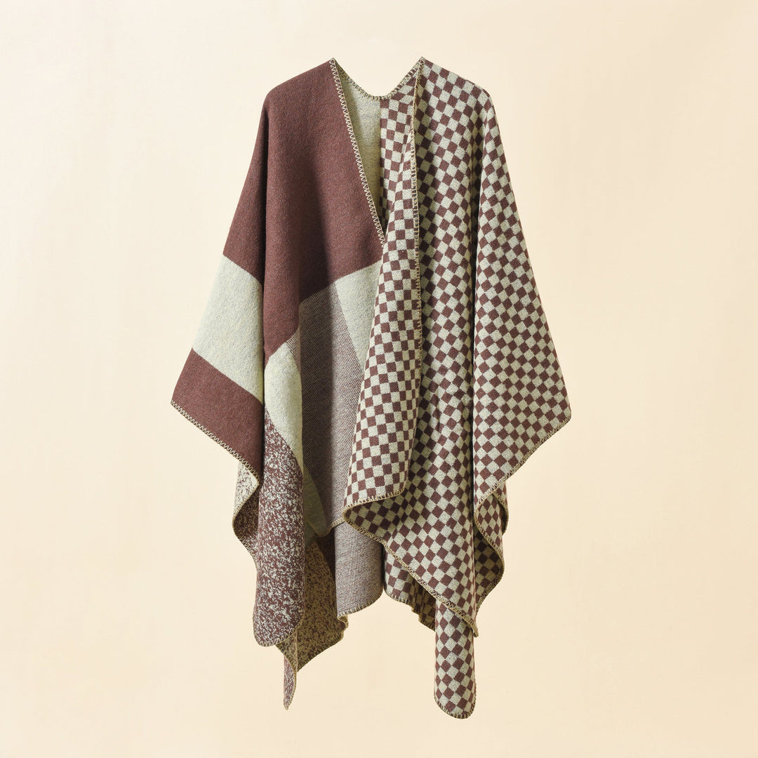 Dam Reversible rutig mönster capeponcho tillverkad av ullblandning med Boxy oversized passform