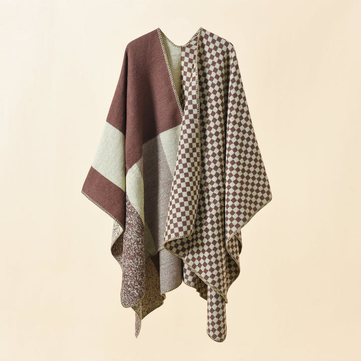 Dam Reversible rutig mönster capeponcho tillverkad av ullblandning med Boxy oversized passform