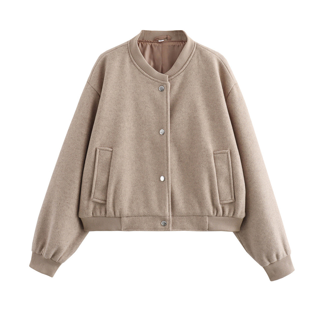 Dam Kort Oversize Collegejacka i Ull Blend med Tryckknapp Knapp Stängning, Side Fickor och Ribbed Muddar