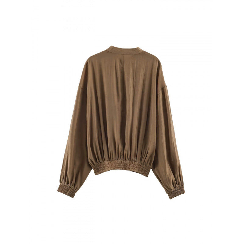 Dam Kort Skärning Pleated Blouson Jacka med Balloon Ärmar och Smocked Waist