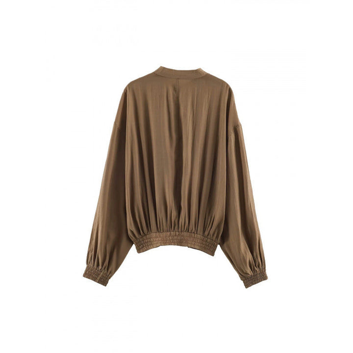 Dam Kort Skärning Pleated Blouson Jacka med Balloon Ärmar och Smocked Waist