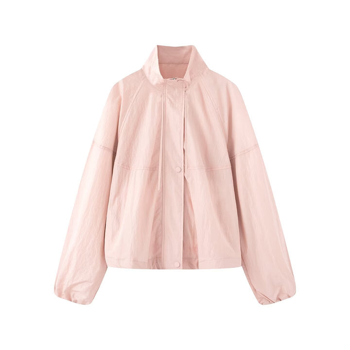 Dam Lätt Oversize Blouson Jacka Tillverkad av Nylon med Stå Krage, Drawstring och Tryckknapp Knapp Stängning