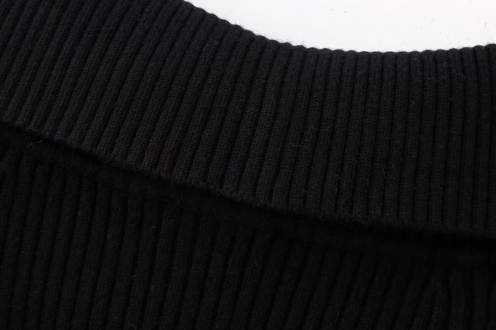 Dam kort skärning Ribbed Knit jacka med vid Off-Shoulder krage och hellång dragkedja