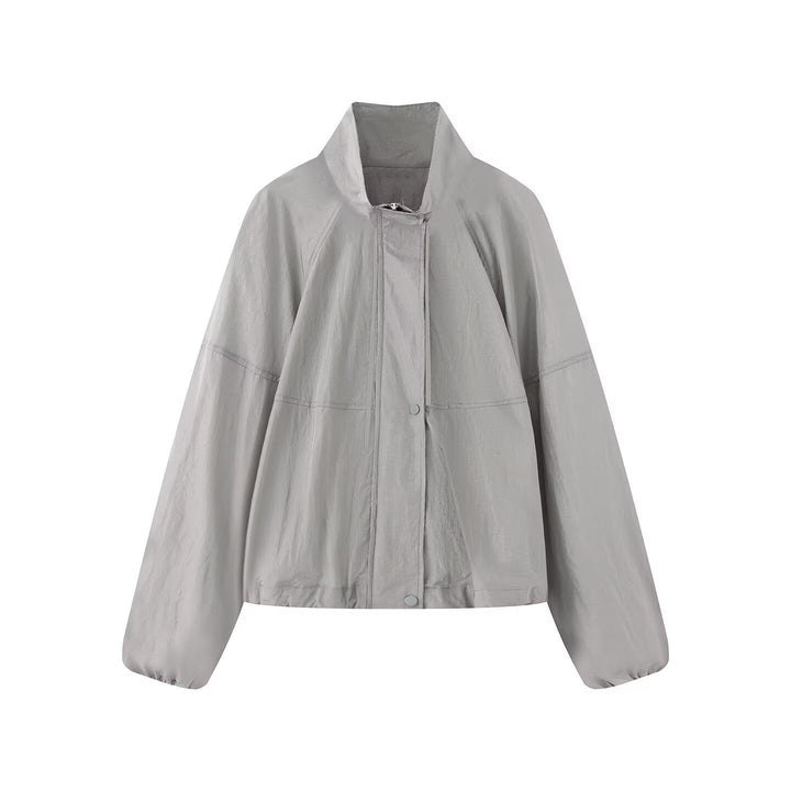 Dam Lätt Oversize Blouson Jacka Tillverkad av Nylon med Stå Krage, Drawstring och Tryckknapp Knapp Stängning