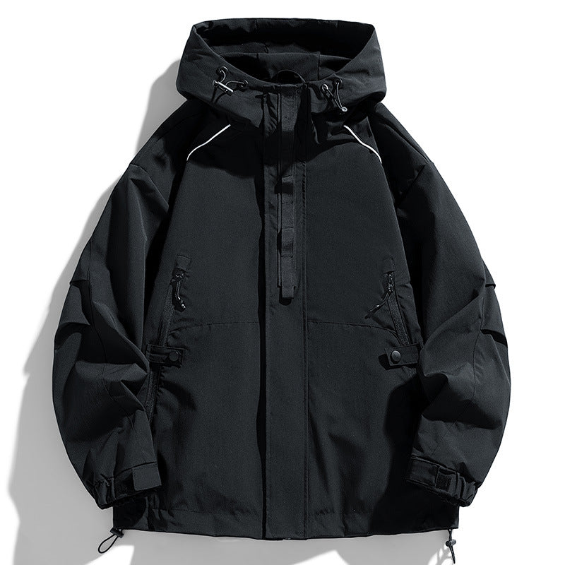 Unisex lätt två-tone wind och rain jacka med huva, dragsko och zip fickor