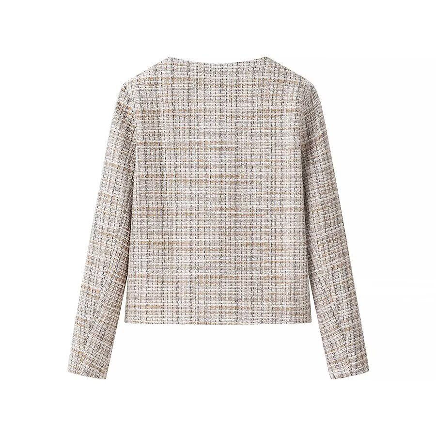 Dam kort jacka gjord bouclé tweed med a round neckline och dekorativ guldknappar