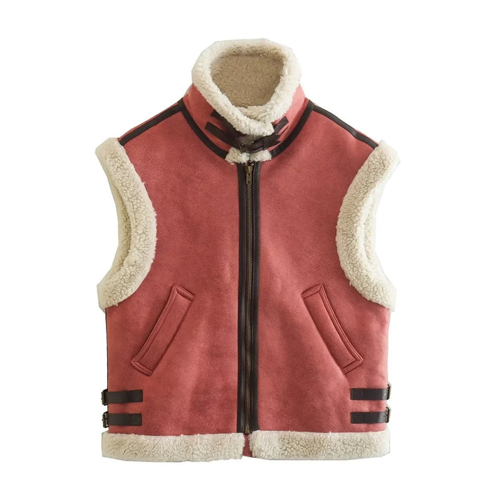 Dam Sleeveless Lambskin Look Väst med Stå Krage, Dragkedja och Buckle Details