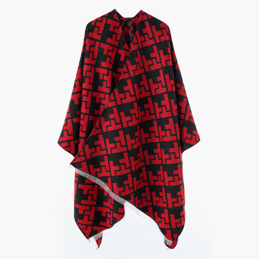 Dam Oversize Jacquard capeponcho tillverkad av ullblandning med geometric mönster och fringes