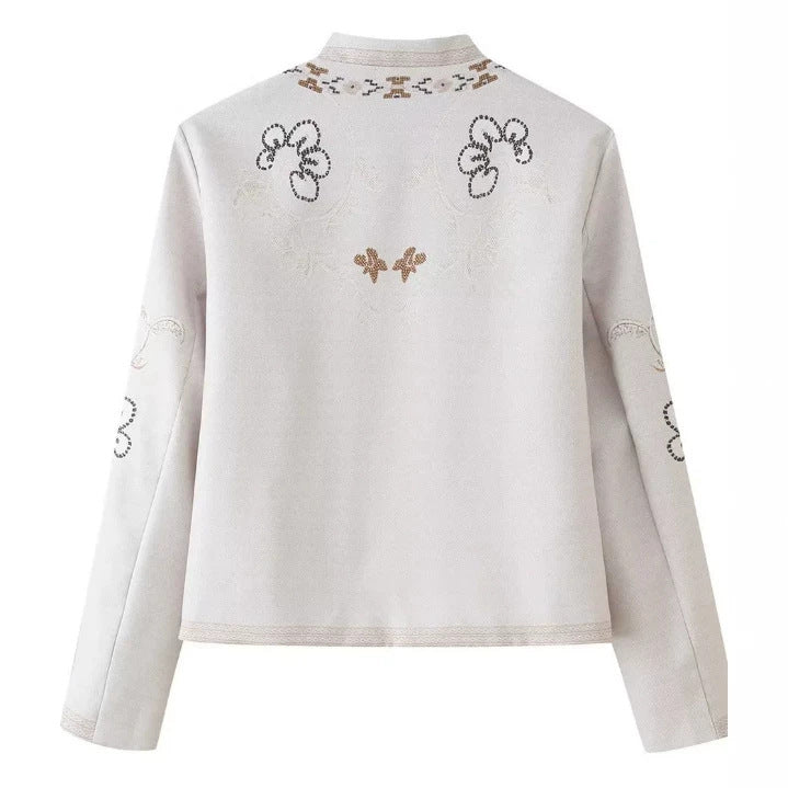 Dam Fine Embroidered Kort Jacka med Stå Krage och Blommig Ornament Embroidery