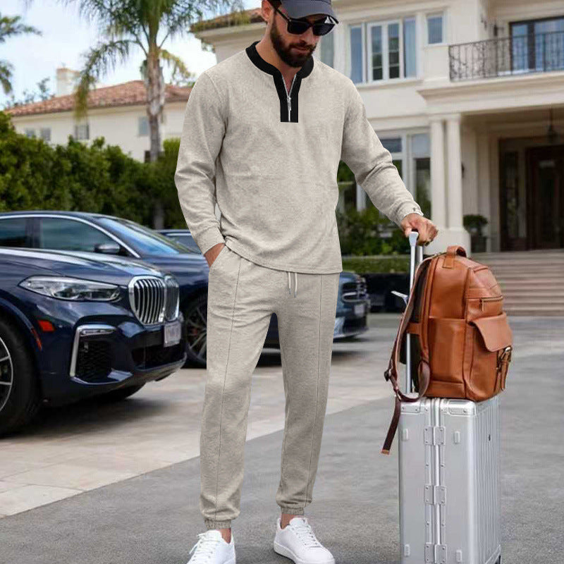 Herr Lätt Henley Loungewear Set med Contrast Krage, Dragsko Joggingbyxor och Elastiska Muddar