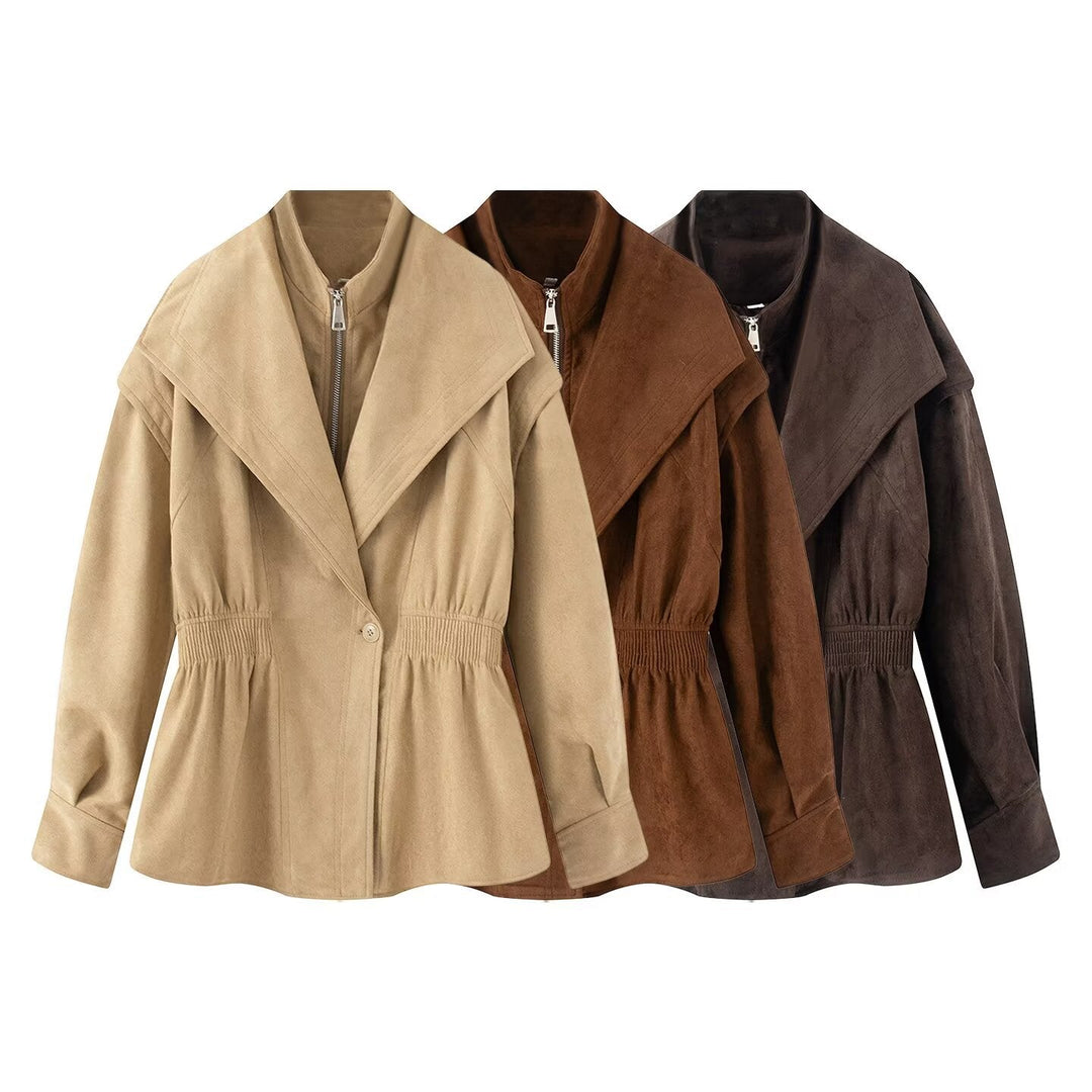 Dam Tailored Jacka i Suede Look med Stora Shawl Krage, Dragkedja och Gathered Waist