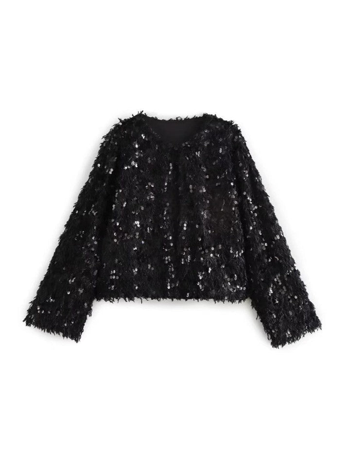 Dam Kort Jacka Gjord av Fluffy Konstpäls med Sequin Kant