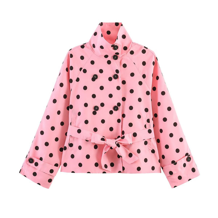 Dam Kort Skärning Raincoat med Prickig Prick Mönster och Tie Belt