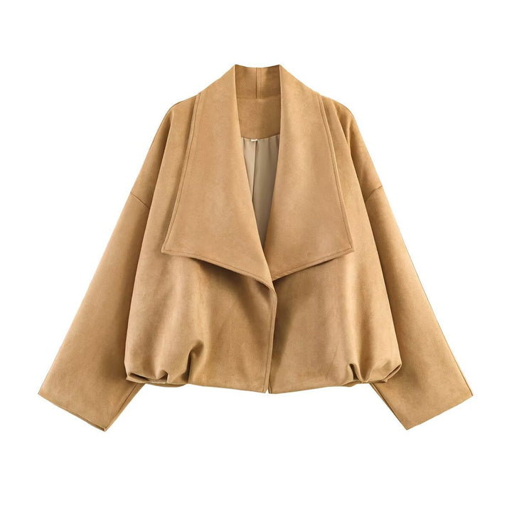 Dam Kort Skärning Oversize Suede Jacka med Wide Waterfall Krage