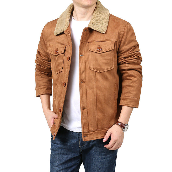 Herr Suede-Like Skjortjacka i Trucker Stil med Teddy Krage &amp; Lockfickor