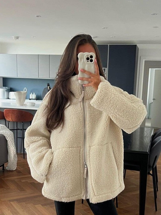 Dam oversize teddy-fleecejacka med dragkedja och ståkrage