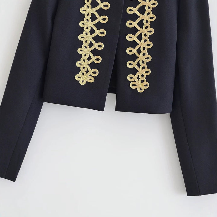 Dam Kort Military Jacka med Guld-Embellished Cord Application