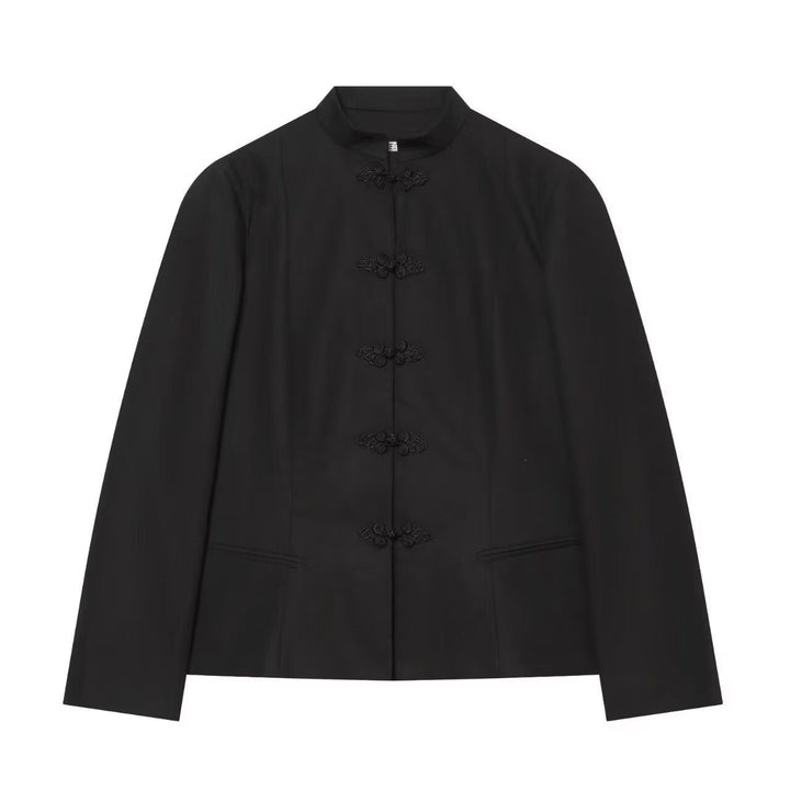 Dam Jacka i Mandarin Stil med Ståkrage och Decorative Frog Stängningar