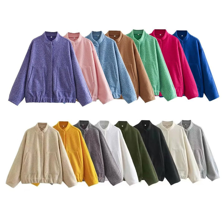 Dam boxy ullblandning blouson med ståkrage, concealed front placket, sidofickor och elastisk fåll