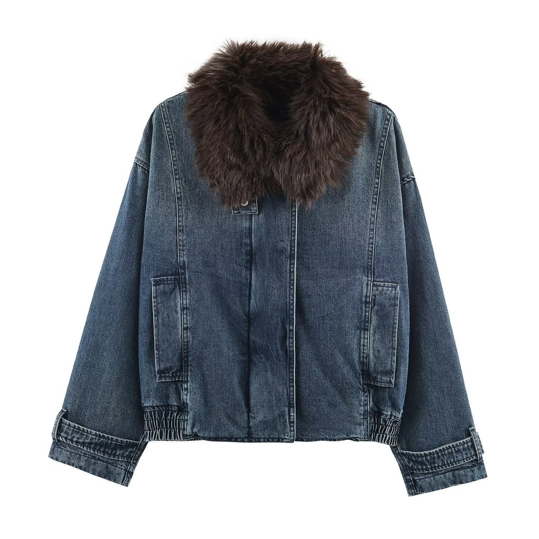 Dam oversize denimjacka med Voluminous Faux Fur krage och Elastic fåll