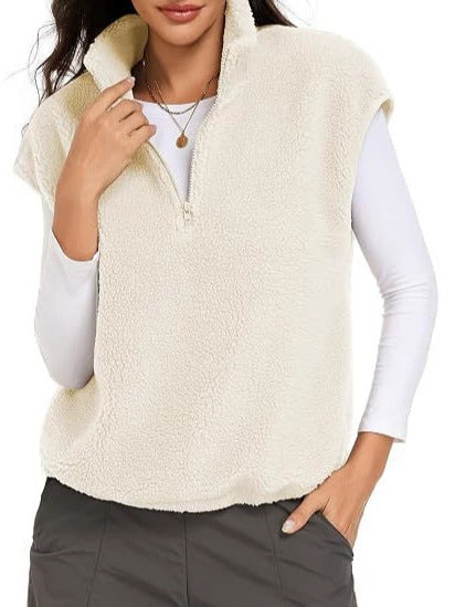 Dam Sleeveless Teddy Fleece Väst med Halv Dragkedja och Ståkrage