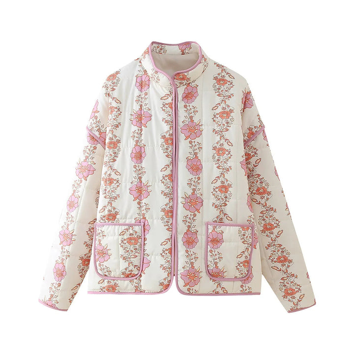 Dam quiltad floral jacka med ståkrage, dragkedja, och påsydda fickor