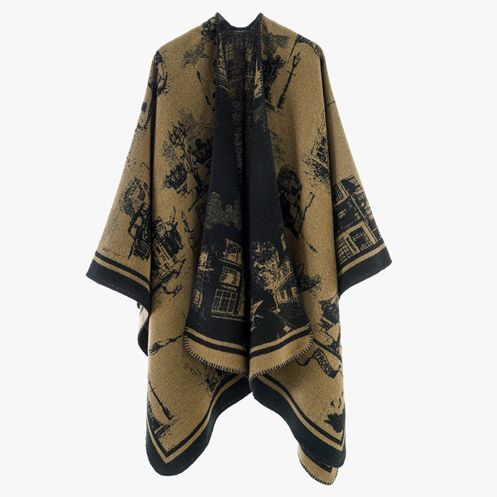 Dam Jacquard capeponcho med iconic city Jacquard och open oversized fall