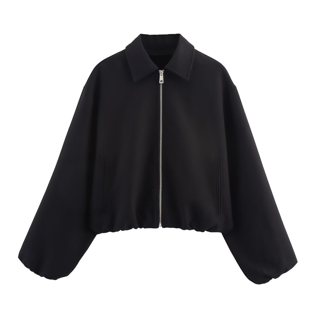 Dam 20+ Kort Oversize Blouson Jacka med Dragkedja Gathered Nederkant och Balloon Ärmar