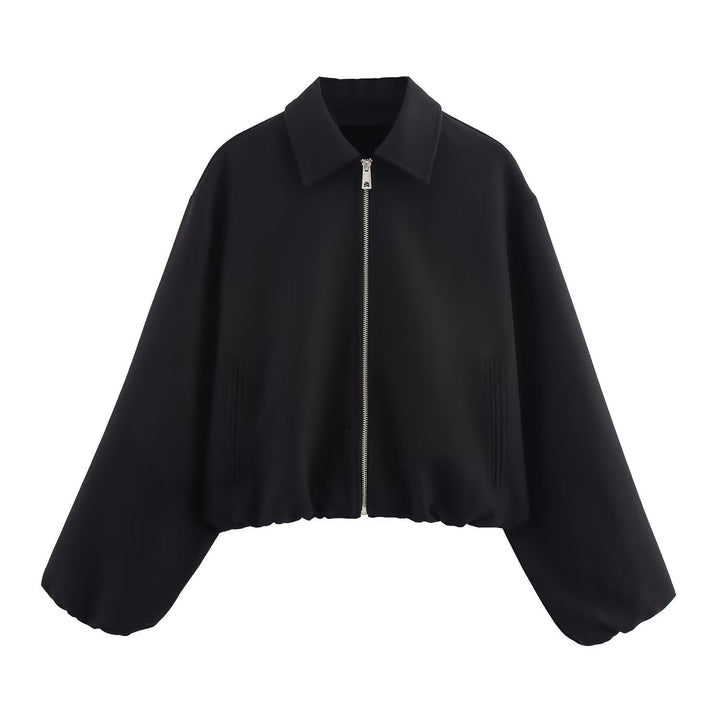 Dam 20+ Kort Oversize Blouson Jacka med Dragkedja Gathered Nederkant och Balloon Ärmar