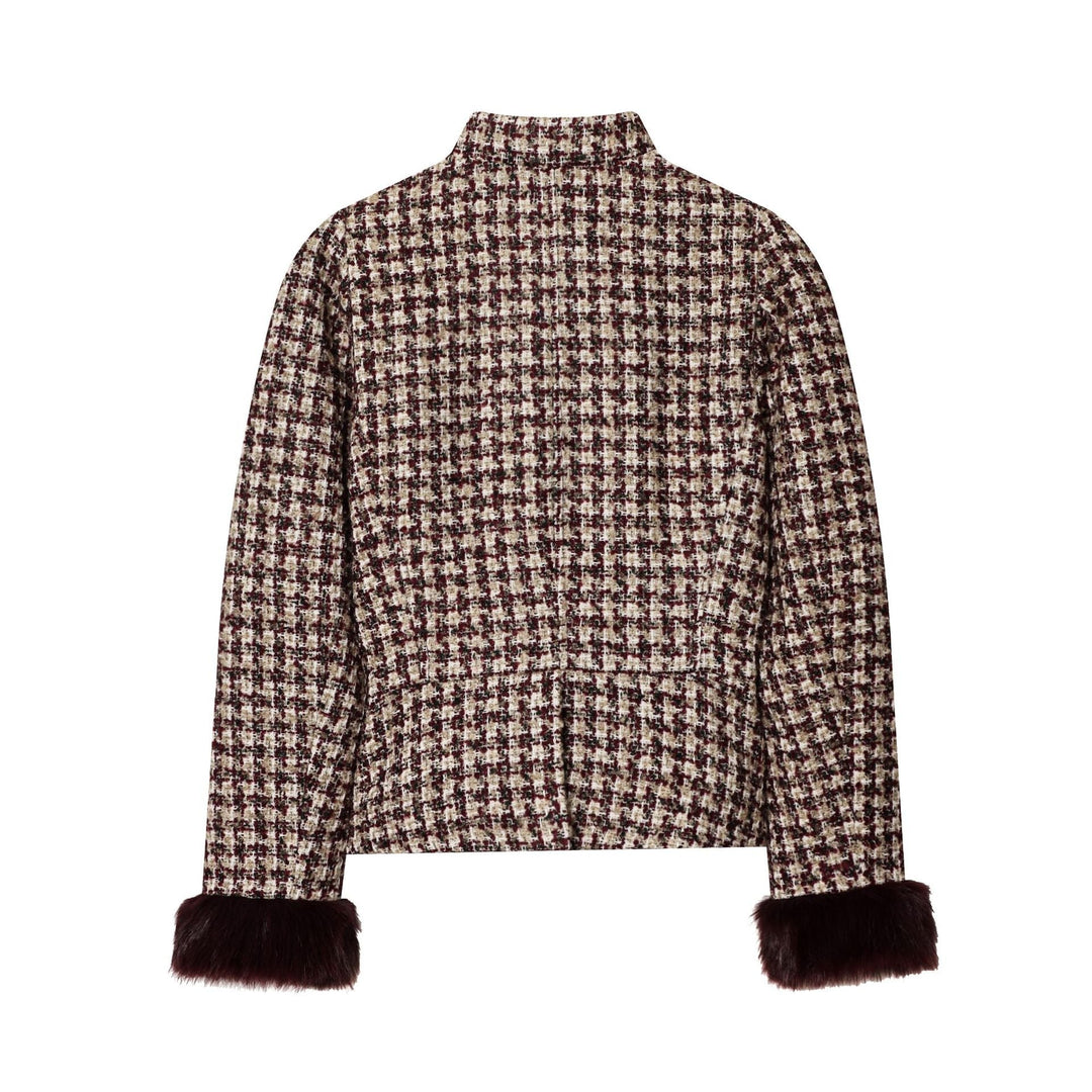 Dam Kort-Skärning Bouclé Tweed Jacka med Ståkrage, Concealed Knapplist, och Mjuk Konstpäls Muddar