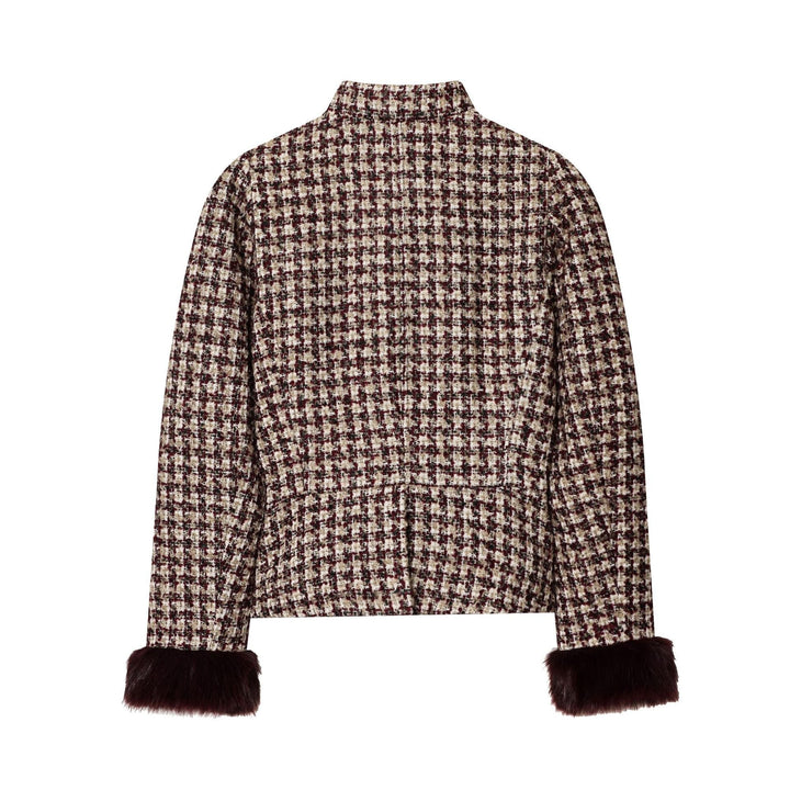 Dam Kort-Skärning Bouclé Tweed Jacka med Ståkrage, Concealed Knapplist, och Mjuk Konstpäls Muddar