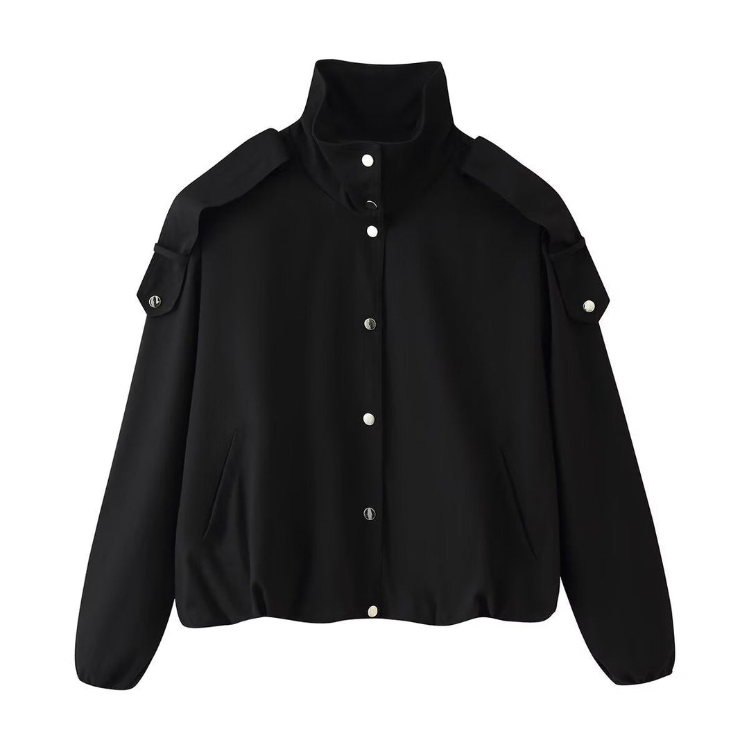 Dam Kort Jacka med Hög Stå Krage, Shoulder Pads och Tryckknapp Knapp Knäppning