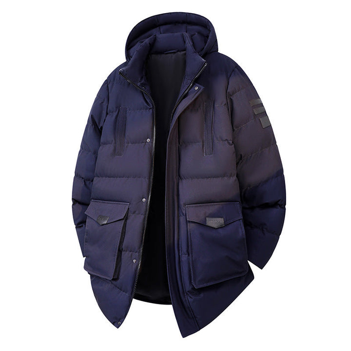 Herr Quiltad Parkas i Duffle Stil med Huva och Stora Lockfickor