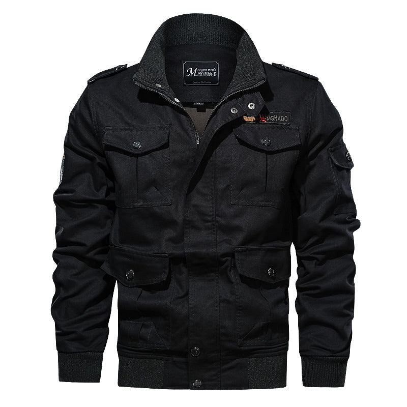 Herr Military-Inspired Canvas Fältjacka med Epaulettes, Flera Fickor och Ribbad Fåll